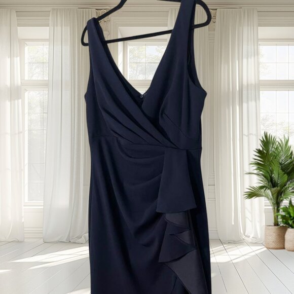 Betsy & Adam Navy Blue Ruffle High-Low Gown Size 14 NWT | Elegant Formal Dress - Picture 4 of 15